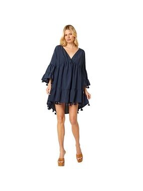 NWT MISA Los Angeles Mahtab Dress XS Navy Blue Tassel Boho Bell Sleeve Mini